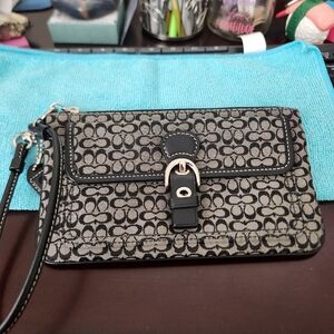 Coach Signature Black Canvas Wristlet with Buckle Front Pocket